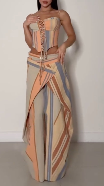 Stripe Corset Top & Wrap Overlay Wide Leg Pants Co‑Ord Set
