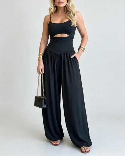 Waist Cutout Tie-Back Flowy Wide Leg Jumpsuit