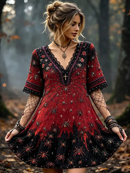 Women's Vintage Halloween Spider And Wild Red Rose Gradient Casual Cotton Linen V-neck Short Sleeve Dress