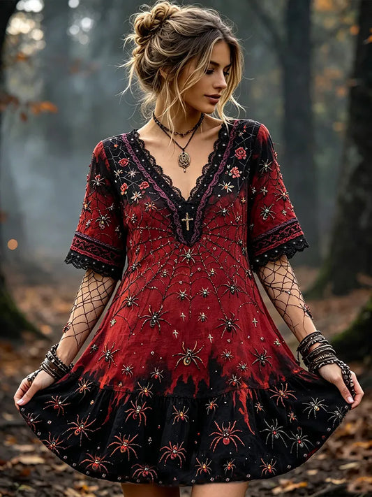 Women's Vintage Halloween Spider And Wild Red Rose Gradient Casual Cotton Linen V-neck Short Sleeve Dress