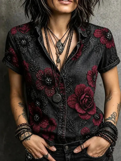 Women's Dark Floral Design Short-sleeve Shirt