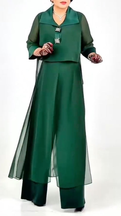 Women's Lapel Chiffon Top & Flowy Wide-Leg Pants Casual Set