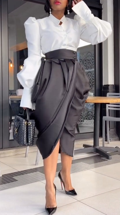 White Puff Sleeve Shirt & Black Draped Skirt Set