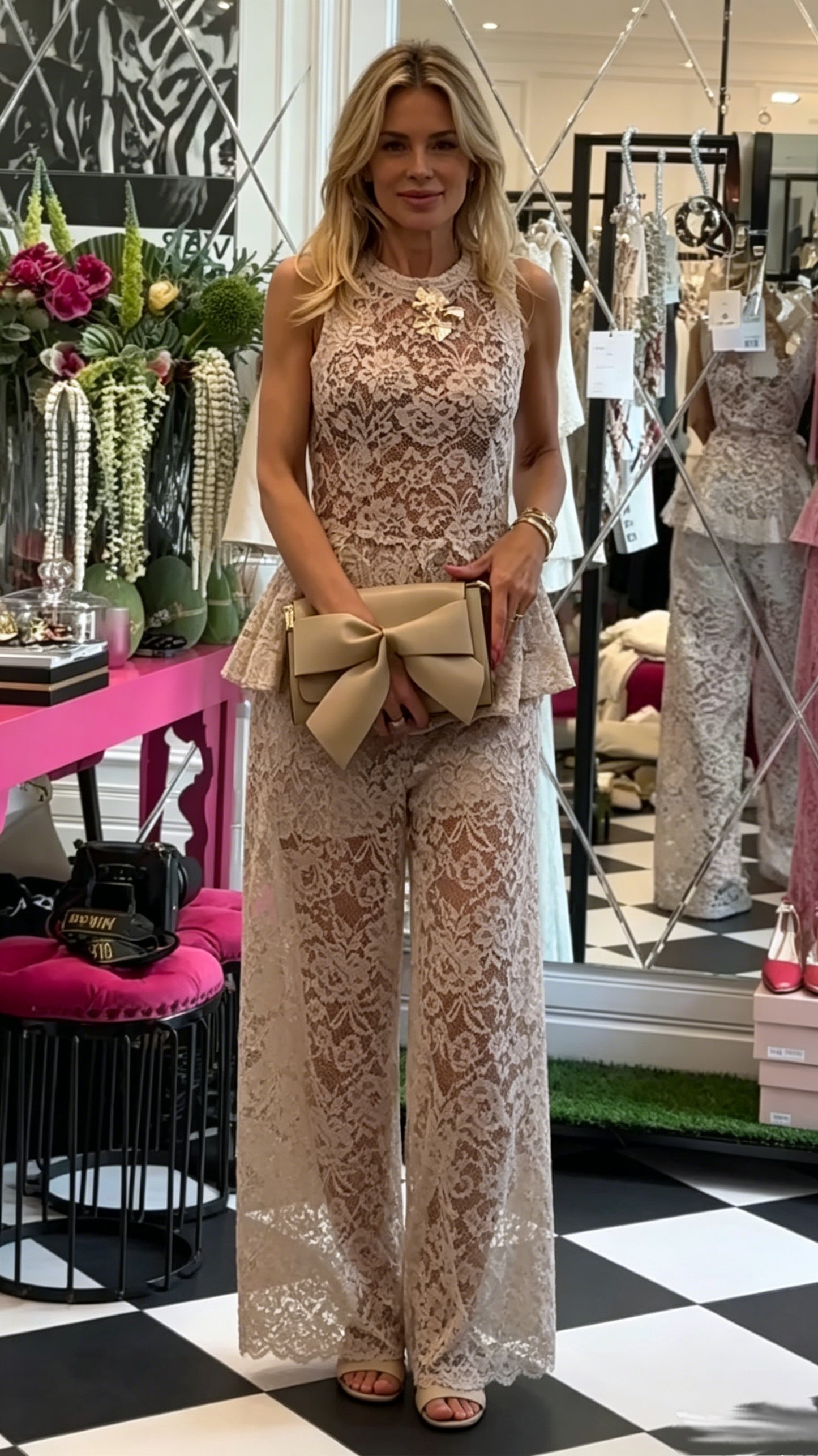 Floral Lace Peplum Top & Wide Leg Pants Co‑Ord Set