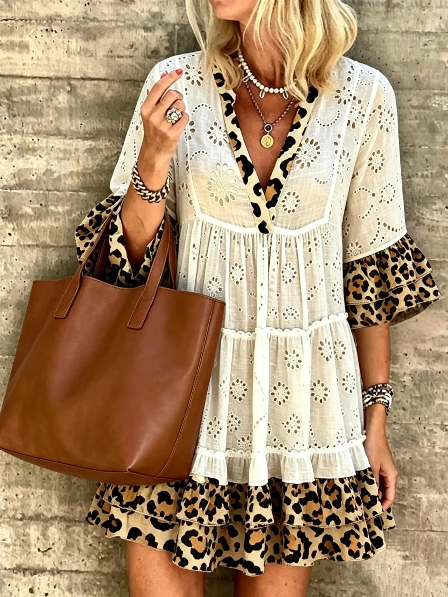 Women's Eyelet Embroidery Color Block Leopard Print V Neck Ruffle Babydoll Mini Dress