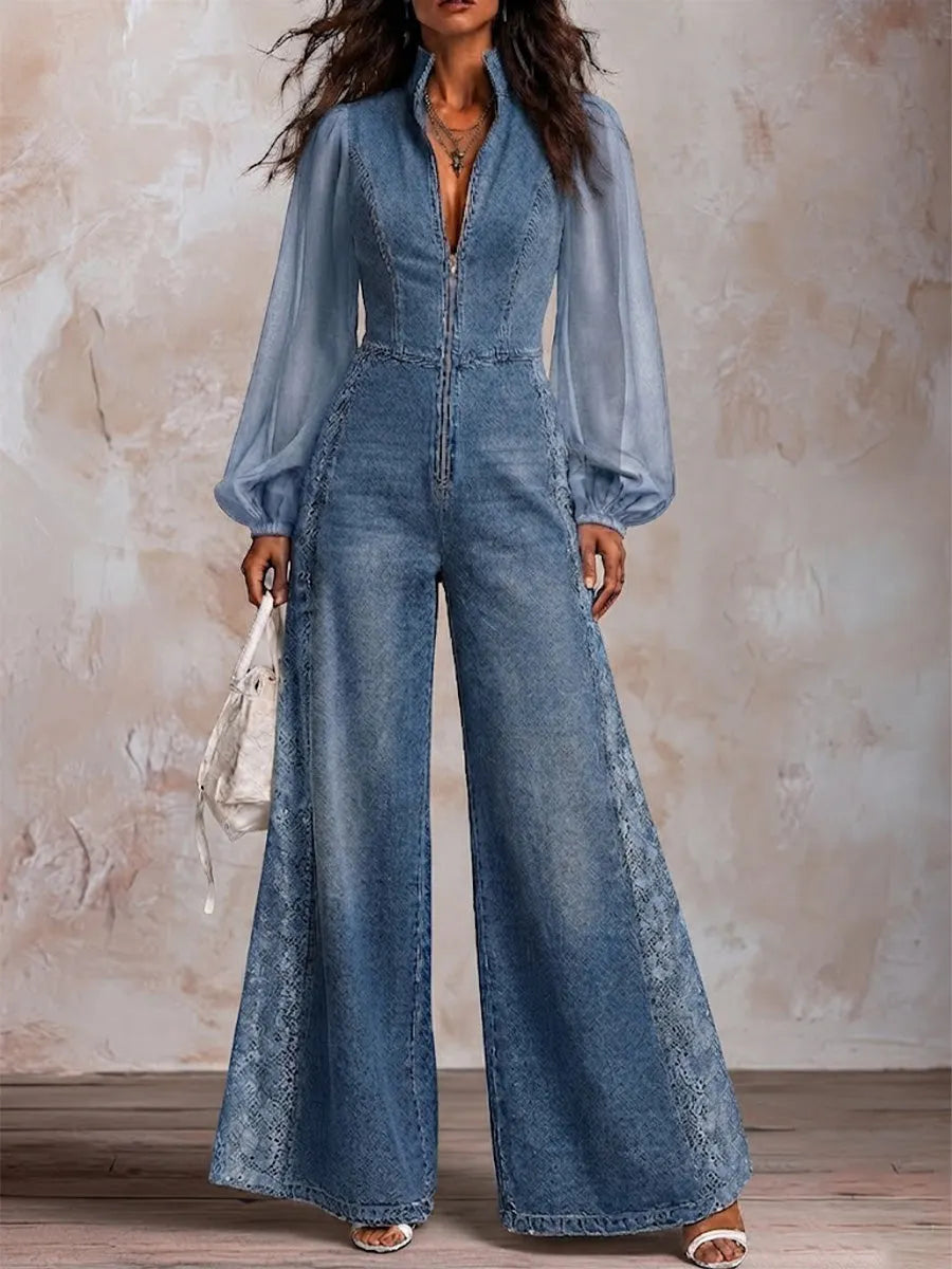 Stand Collar Front Zip Sheer Chiffon Puff Long Sleeve Side Lace Splice Washed Denim Wide Leg Jumpsuit