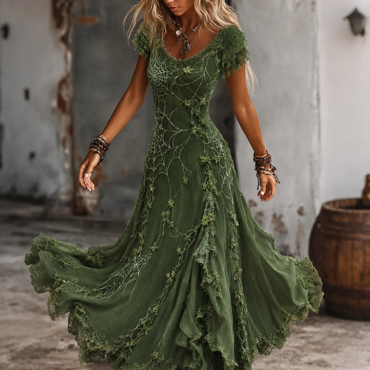 Women's Retro Gothic Spiderweb And Floral Lace Print Short-sleeve Mixi Dress