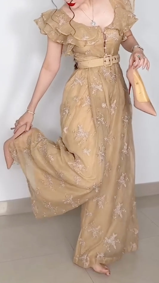 Beige Floral Embroidered Ruffled Wide Leg Jumpsuit