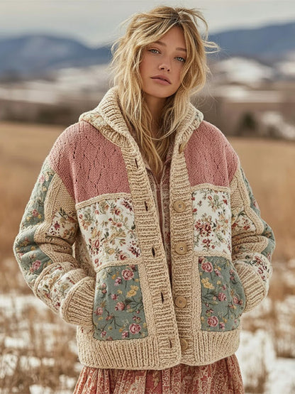 Women's Floral Patchwork Comfortable Hooded Knitted Sweater