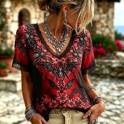Women Red Black Spider Bat Embroidery Lace V Neck Short Sleeve Gothic Halloween Mesh Blouse