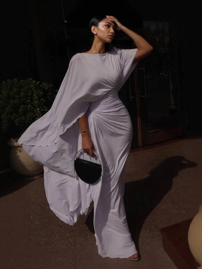 Draped Cape Sleeve Ruched Waist Bodycon Maxi Dress