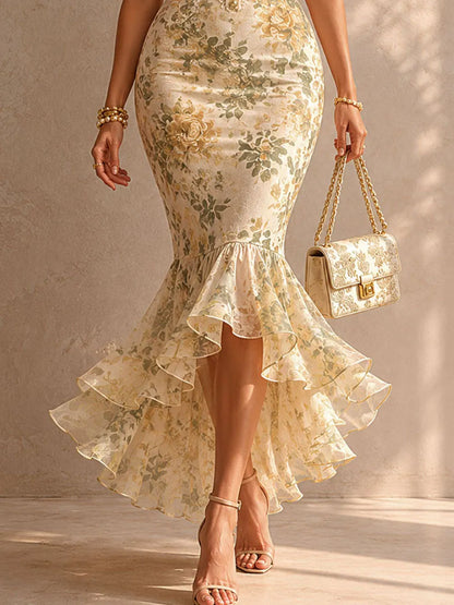 Romantic Floral Midi Mermaid Dress with Lace Trim