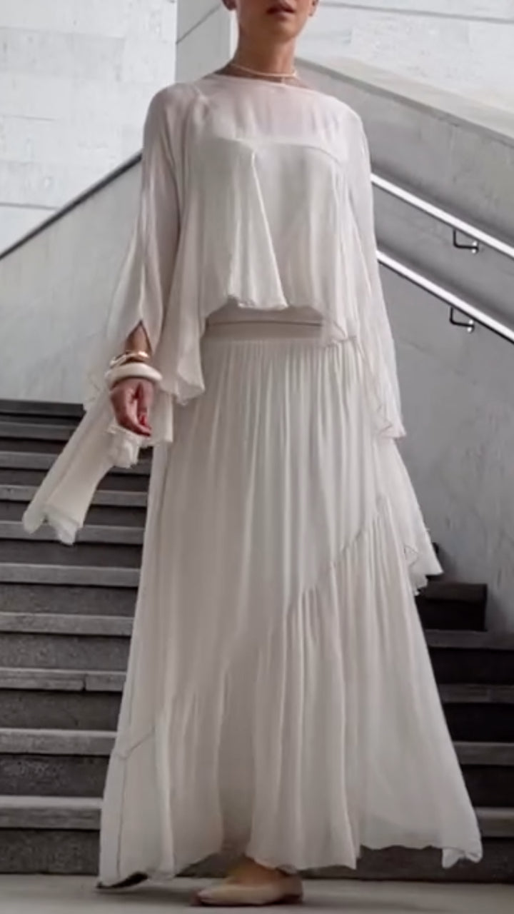 Sheer Ruffle Top & Pleated Maxi Skirt Co‑Ord Set