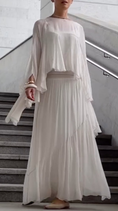 Sheer Ruffle Top & Pleated Maxi Skirt Co‑Ord Set