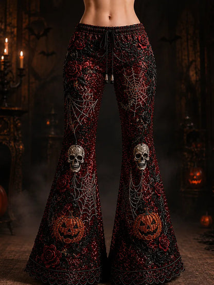 Women's Halloween Sparkly Sequin Skull & Pumpkin Bell-bottom Pants