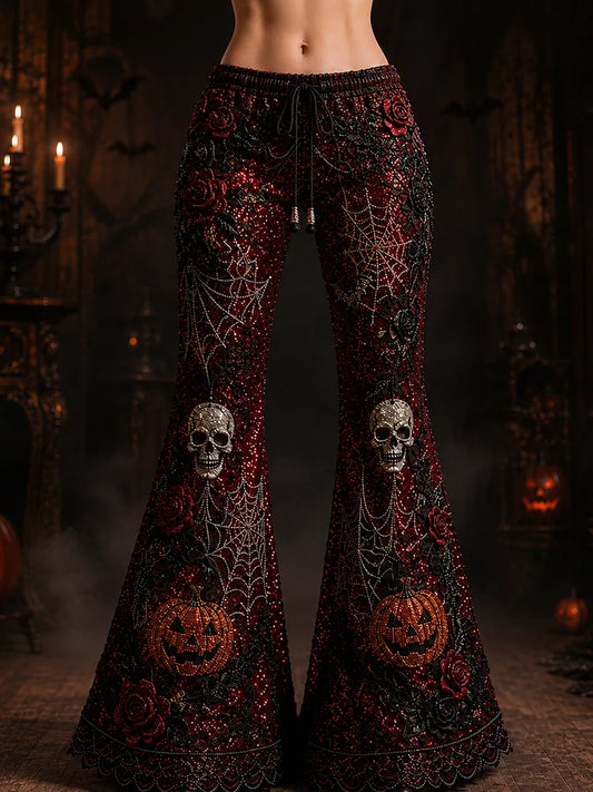Women's Halloween Sparkly Sequin Skull & Pumpkin Bell-bottom Pants