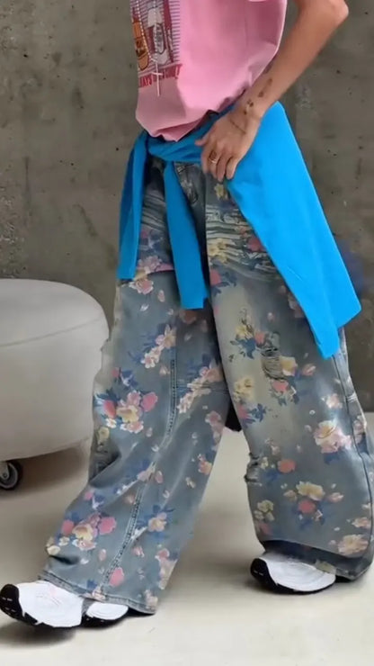 Floral Print Distressed Wide Leg Jeans