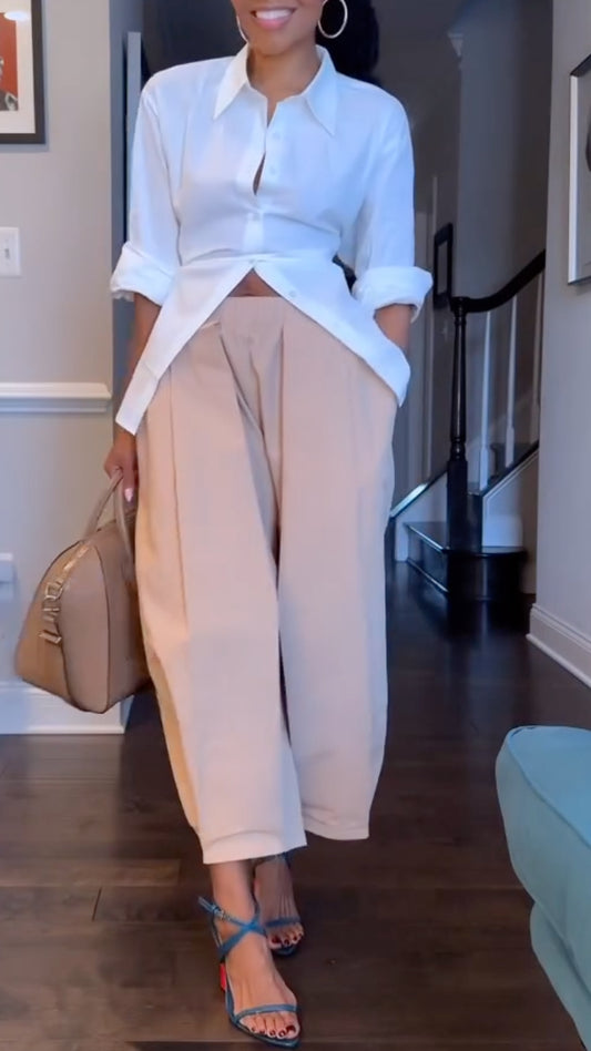 Women's Lapel, Waist-Cinching Shirt + High-Waisted Wide-Leg Pants SetPants Set