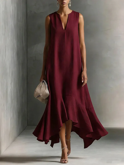 Green Faux Cotton-linen V-neck Sleeveless Maxi Dress