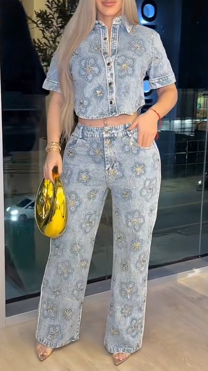 Light Wash Gold Floral Embroidered Denim 2 Piece Set