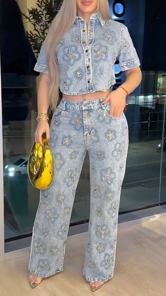 Light Wash Gold Floral Embroidered Denim 2 Piece Set