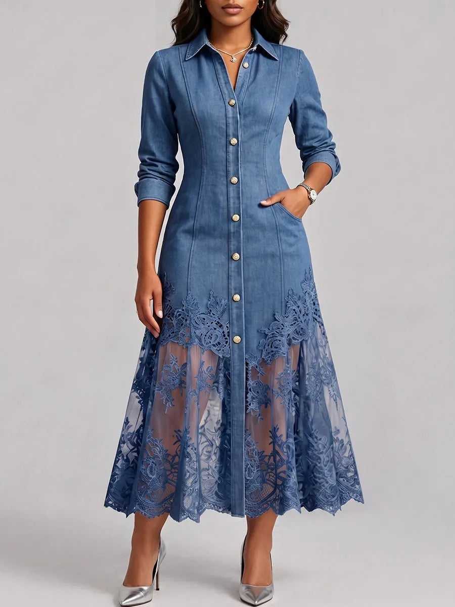 Elegant Sophisticated Denim Dress With A Lace Hem